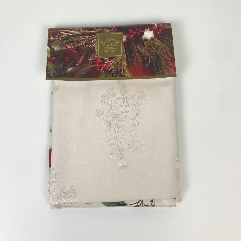Lenox For The Holidays Pinecones & Holly Berries Tablecloth 52x70 Oblong